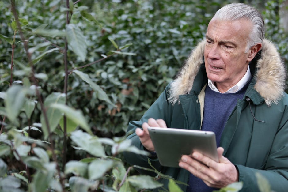 Elderly man engaging with a tablet in a lush, green outdoor setting.