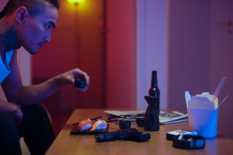 Intriguing indoor scene featuring sushi, ambient lighting, and intriguing decor.