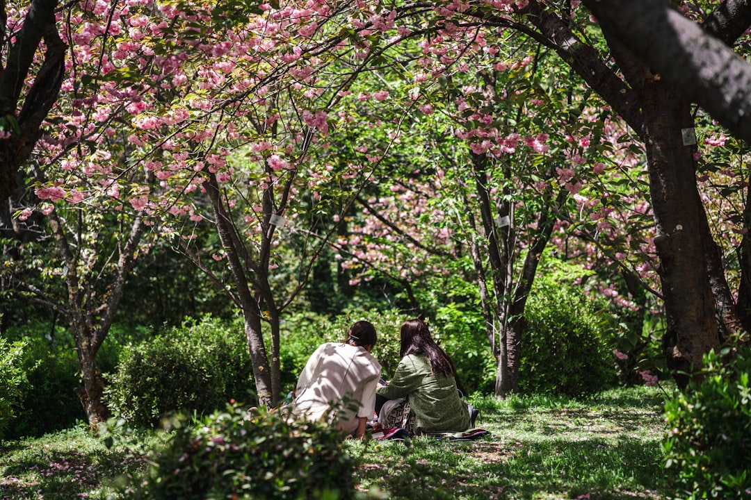two women sitting on the ground in a park