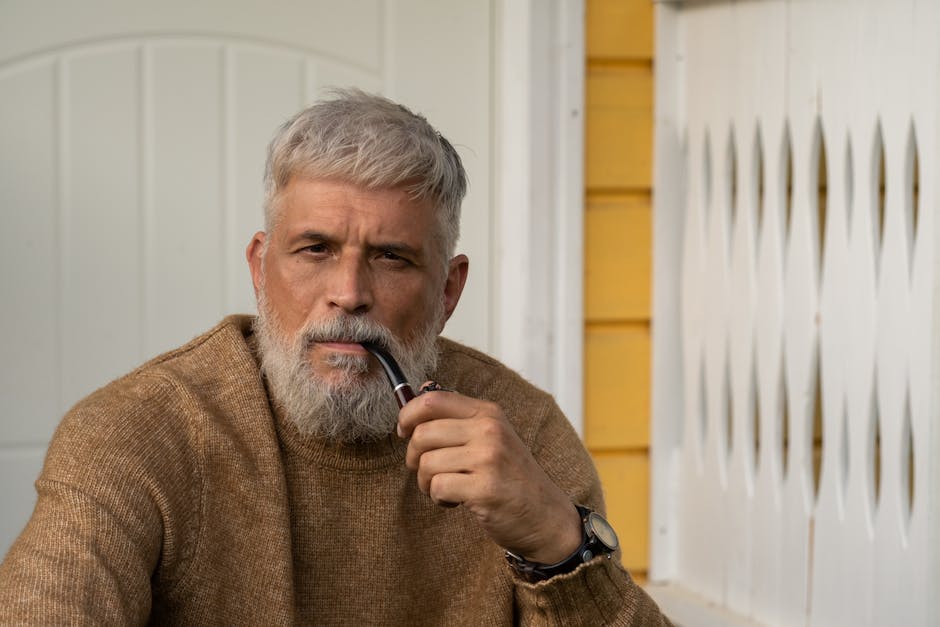 Elderly man with gray hair smokes a pipe on a porch, wearing a sweater. Relaxation and contemplation.